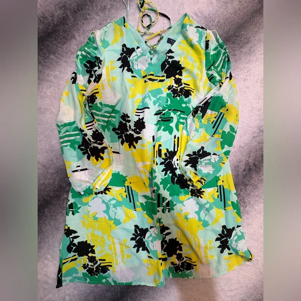 NWOT Kaari‎ Blue Green Yellow Print Tie Back Slit Sleeve Shift Dress Medium M